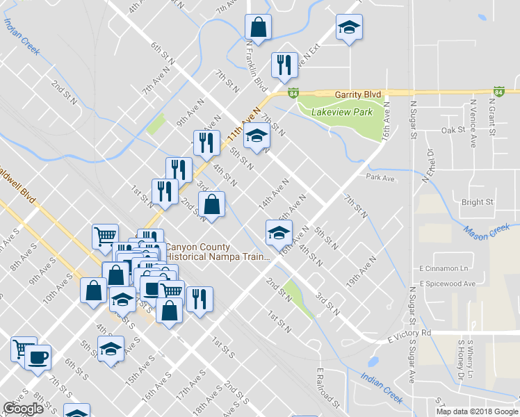 map of restaurants, bars, coffee shops, grocery stores, and more near 1399 4th Street North in Nampa