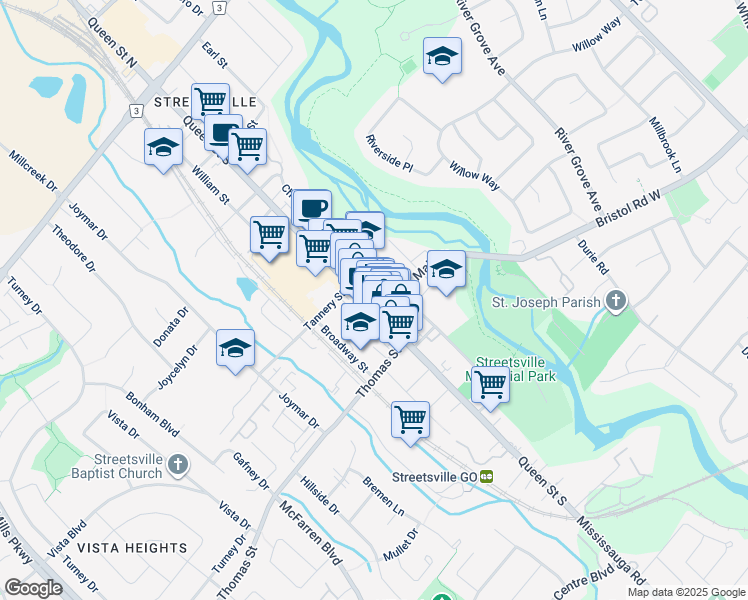 map of restaurants, bars, coffee shops, grocery stores, and more near 1 MAIN SOUTHTREET South in Mississauga