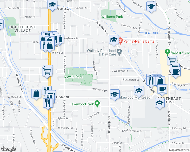 map of restaurants, bars, coffee shops, grocery stores, and more near 2401 Wyoming Avenue in Boise