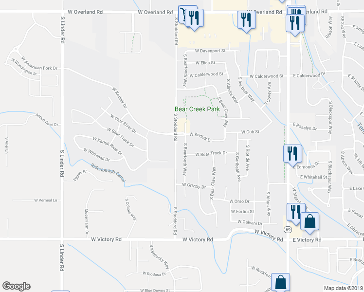 map of restaurants, bars, coffee shops, grocery stores, and more near 2569 South Beartooth Way in Meridian