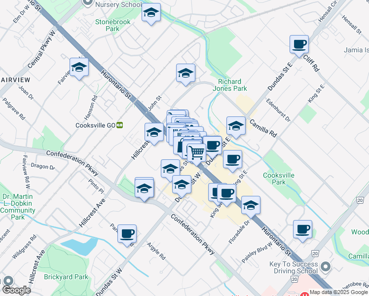 map of restaurants, bars, coffee shops, grocery stores, and more near 3058 Hurontario Street in Mississauga