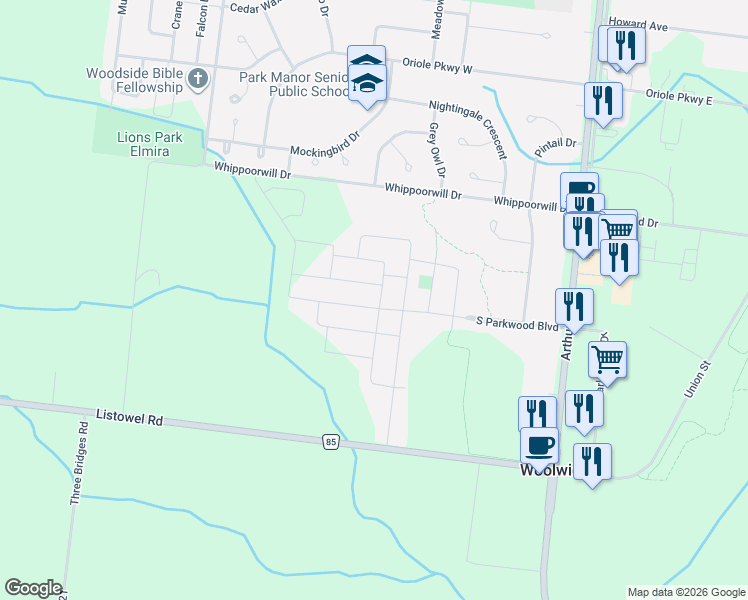 map of restaurants, bars, coffee shops, grocery stores, and more near 105 Woodberry Crescent in Woolwich