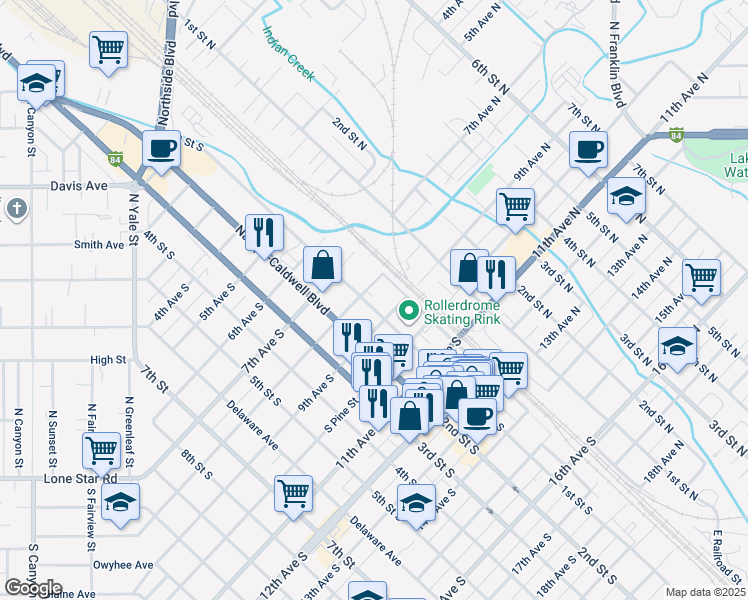 map of restaurants, bars, coffee shops, grocery stores, and more near 820 2nd Street South in Nampa