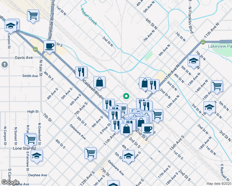 map of restaurants, bars, coffee shops, grocery stores, and more near 820 2nd Street South in Nampa