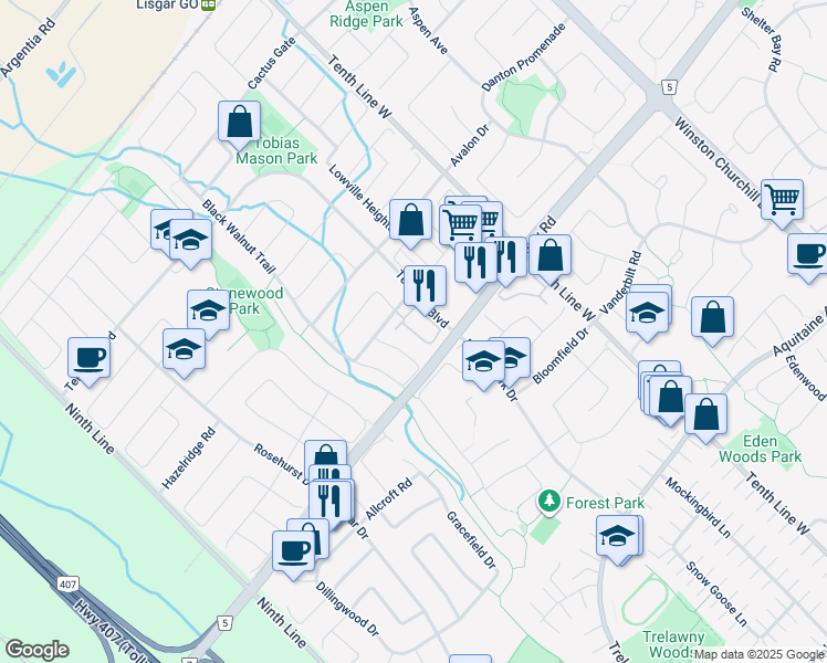 map of restaurants, bars, coffee shops, grocery stores, and more near Triumph Lane in Mississauga