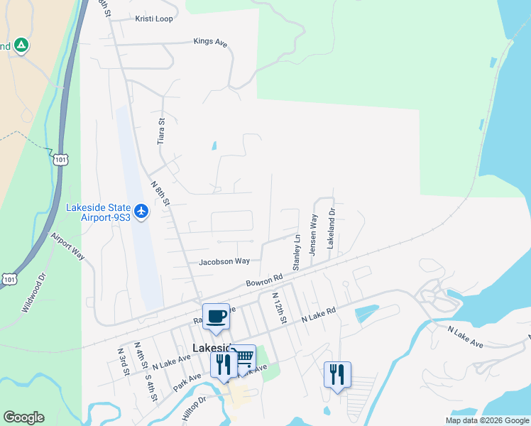 map of restaurants, bars, coffee shops, grocery stores, and more near 420 Rugh Lane in Lakeside