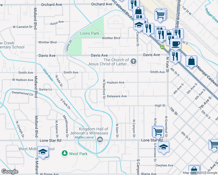 map of restaurants, bars, coffee shops, grocery stores, and more near 246 Sunny Lane in Nampa