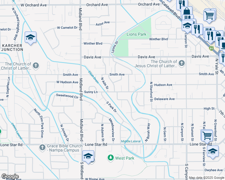 map of restaurants, bars, coffee shops, grocery stores, and more near 712 Sunny Lane in Nampa