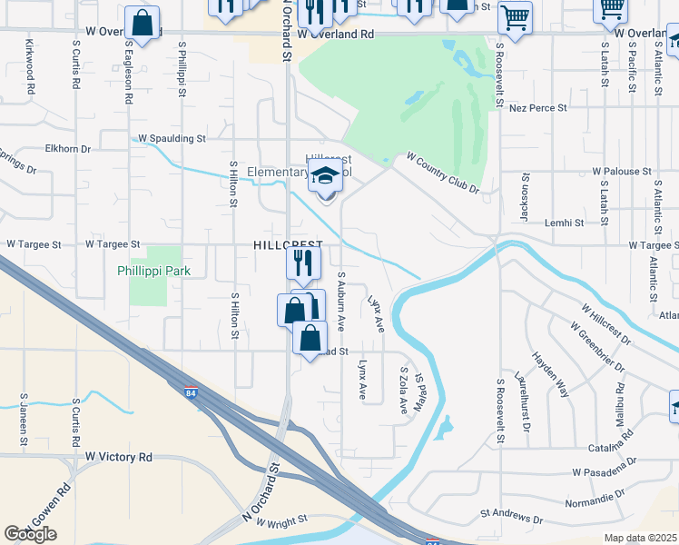 map of restaurants, bars, coffee shops, grocery stores, and more near 2307 Lynx Way in Boise