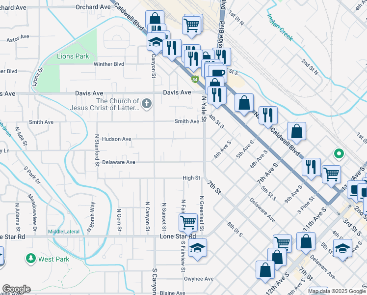 map of restaurants, bars, coffee shops, grocery stores, and more near 122 Delaware Avenue in Nampa