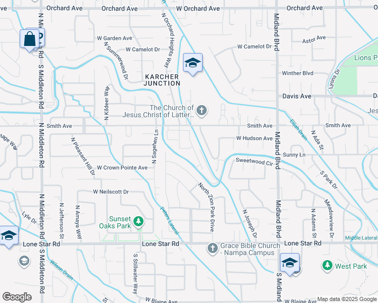 map of restaurants, bars, coffee shops, grocery stores, and more near 56 North Zion Park Drive in Nampa