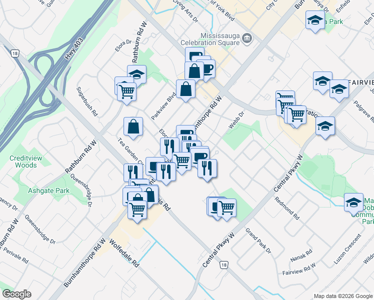 map of restaurants, bars, coffee shops, grocery stores, and more near 3985 Grand Park Drive in Mississauga