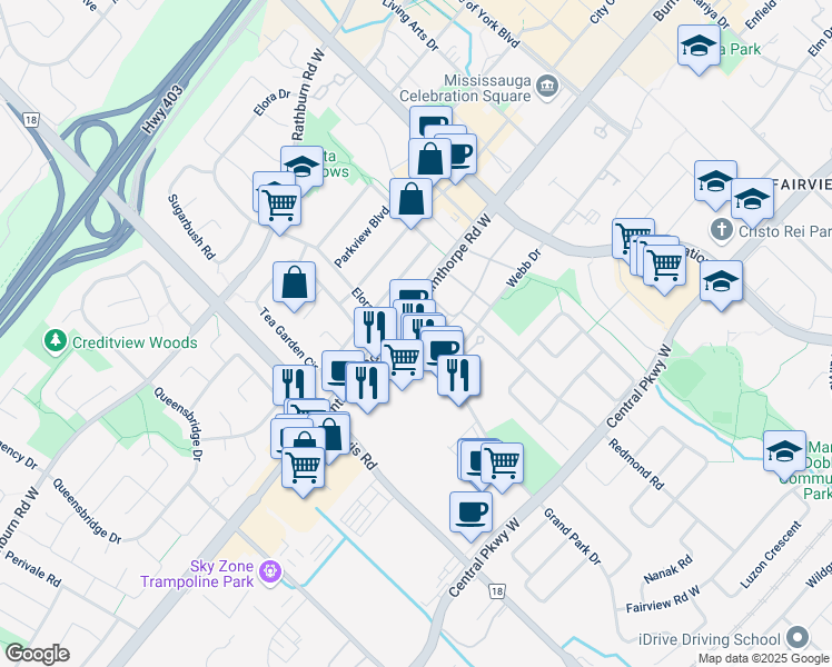 map of restaurants, bars, coffee shops, grocery stores, and more near 3970 Grand Park Drive in Mississauga