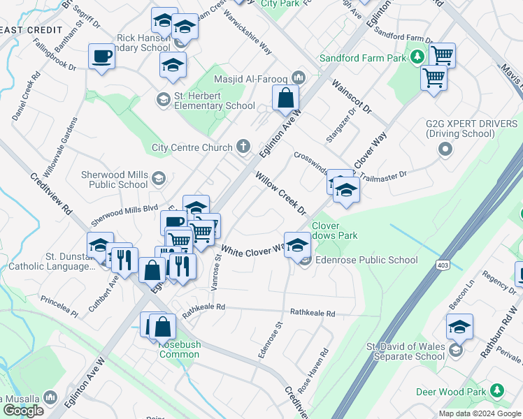 map of restaurants, bars, coffee shops, grocery stores, and more near 5016 Natkarni Crescent in Mississauga