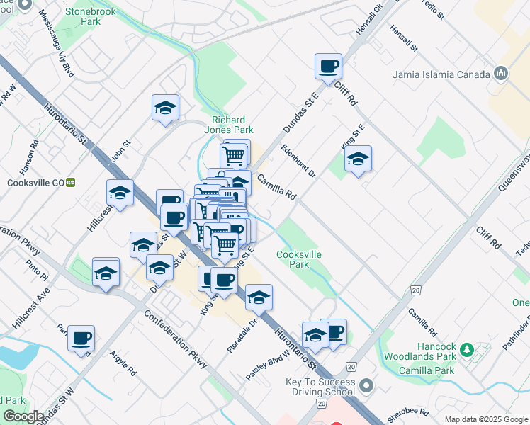 map of restaurants, bars, coffee shops, grocery stores, and more near 85 King Street East in Mississauga