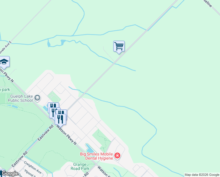 map of restaurants, bars, coffee shops, grocery stores, and more near 7777 Eastview Road in Guelph