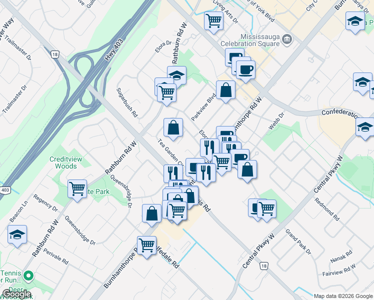 map of restaurants, bars, coffee shops, grocery stores, and more near 4070 Pavillion Court in Mississauga