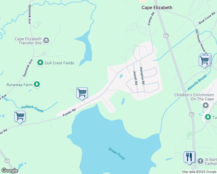 map of restaurants, bars, coffee shops, grocery stores, and more near Fowler Rd & Great Pond Terrace in Cape Elizabeth