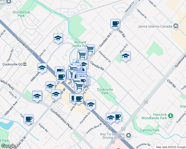 map of restaurants, bars, coffee shops, grocery stores, and more near in Mississauga