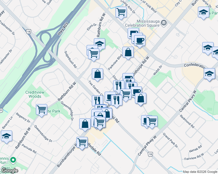 map of restaurants, bars, coffee shops, grocery stores, and more near 4043 Pavillion Court in Mississauga
