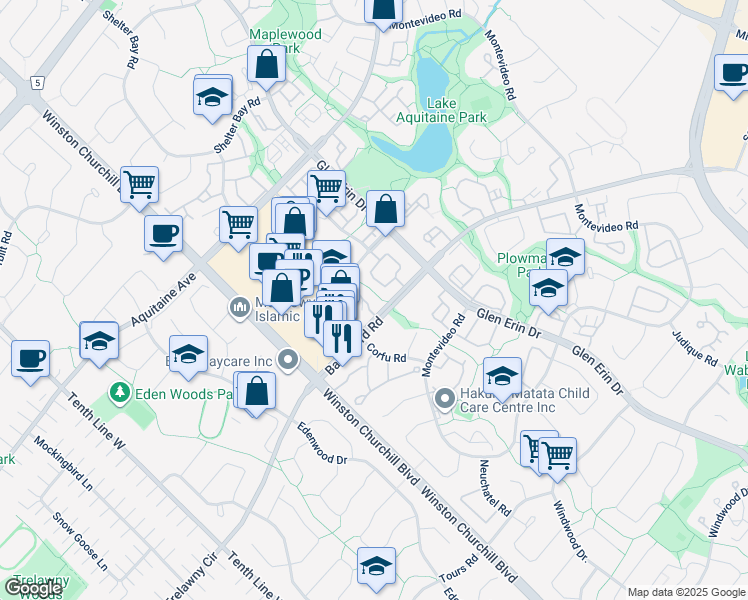 map of restaurants, bars, coffee shops, grocery stores, and more near 2869 Battleford Road in Mississauga