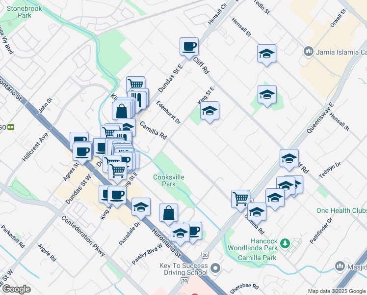 map of restaurants, bars, coffee shops, grocery stores, and more near 2487 Camilla Road in Mississauga