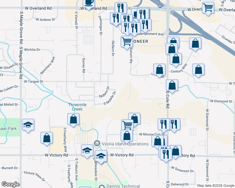 map of restaurants, bars, coffee shops, grocery stores, and more near 2370 South Mobile Drive in Boise