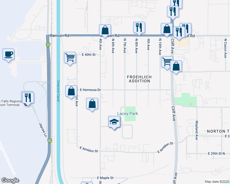 map of restaurants, bars, coffee shops, grocery stores, and more near 3001-3399 North 6th Avenue in Sioux Falls