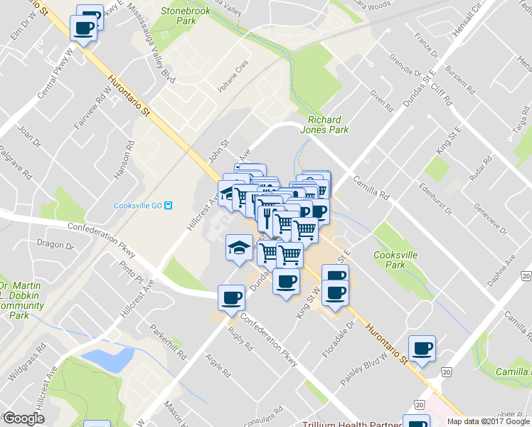 map of restaurants, bars, coffee shops, grocery stores, and more near 3063 Hurontario Street in Mississauga