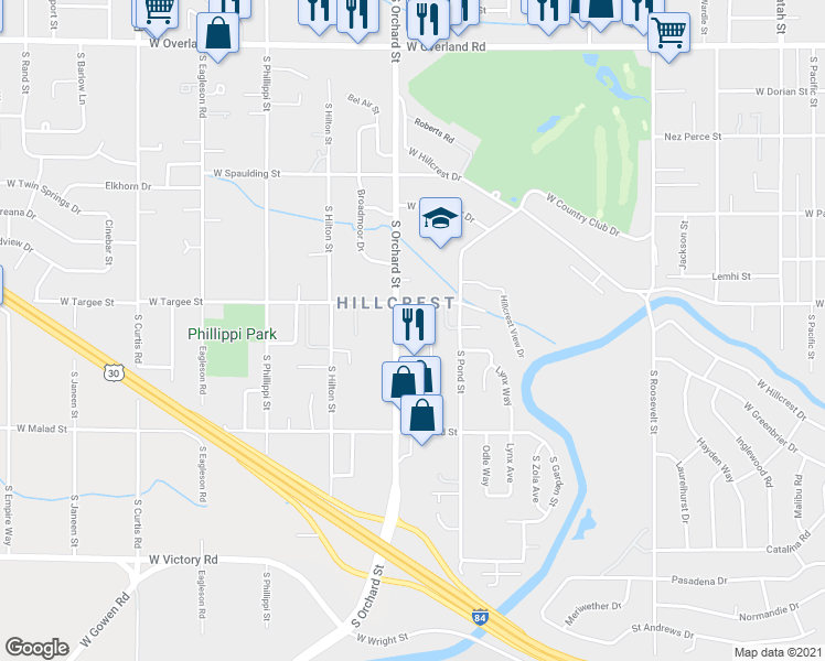 map of restaurants, bars, coffee shops, grocery stores, and more near 2289 Loyolla Lane in Boise