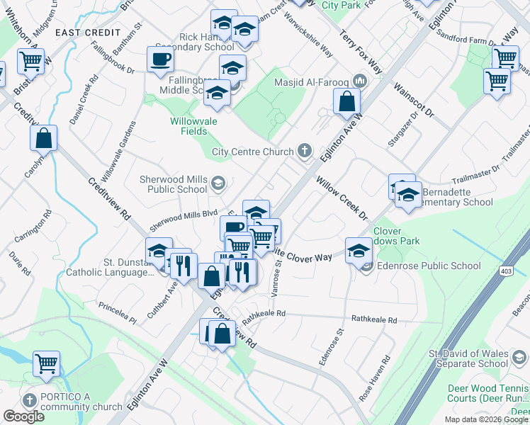 map of restaurants, bars, coffee shops, grocery stores, and more near 5031 East Mill Road in Mississauga