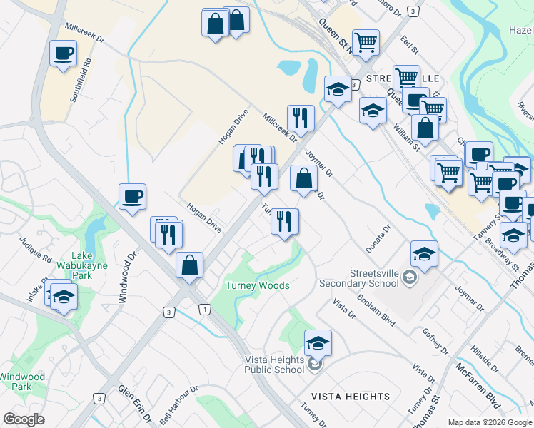map of restaurants, bars, coffee shops, grocery stores, and more near 5992 Turney Drive in Mississauga