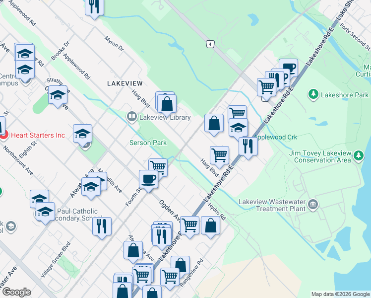 map of restaurants, bars, coffee shops, grocery stores, and more near 1106 Haig Boulevard in Mississauga