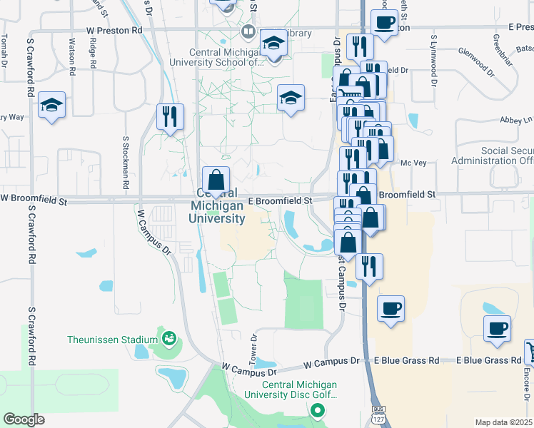 map of restaurants, bars, coffee shops, grocery stores, and more near 471 East Broomfield Street in Mount Pleasant