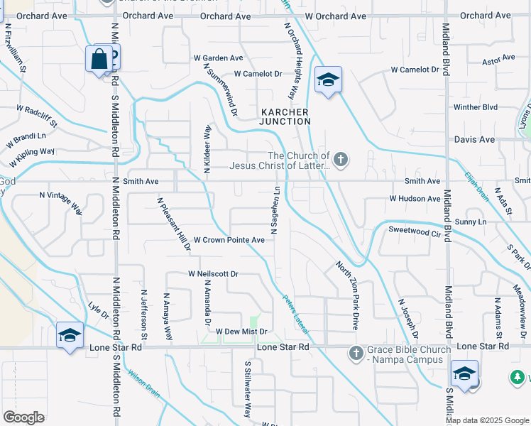 map of restaurants, bars, coffee shops, grocery stores, and more near 1855 West Ridge Pointe Avenue in Nampa