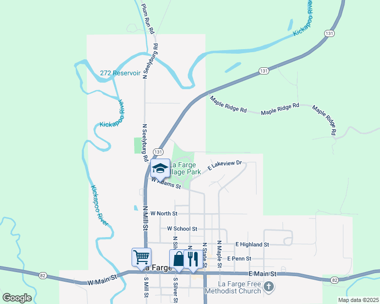 map of restaurants, bars, coffee shops, grocery stores, and more near One Organic Way in La Farge
