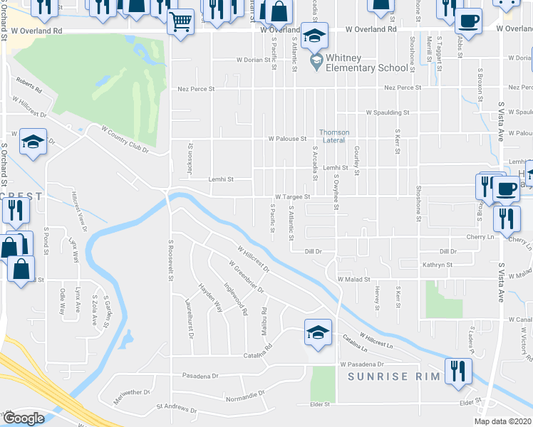 map of restaurants, bars, coffee shops, grocery stores, and more near 2201 South Pacific Street in Boise