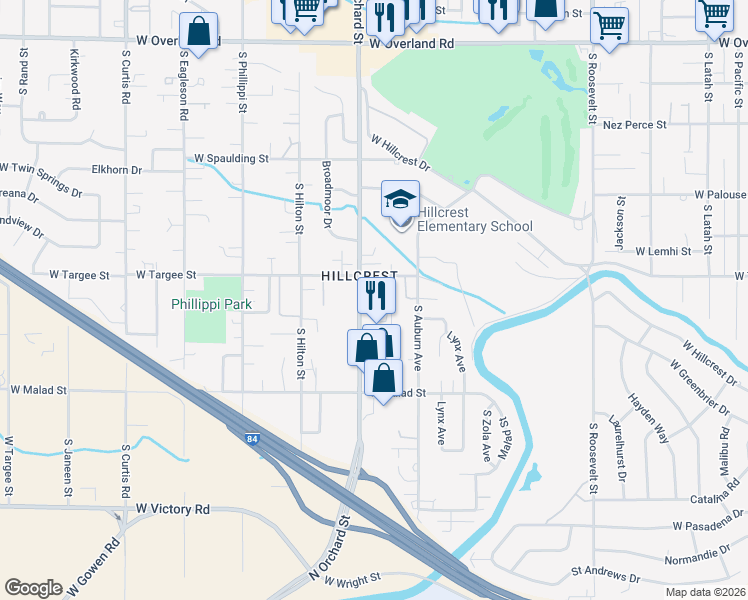 map of restaurants, bars, coffee shops, grocery stores, and more near 2278 South Salmon Lane in Boise