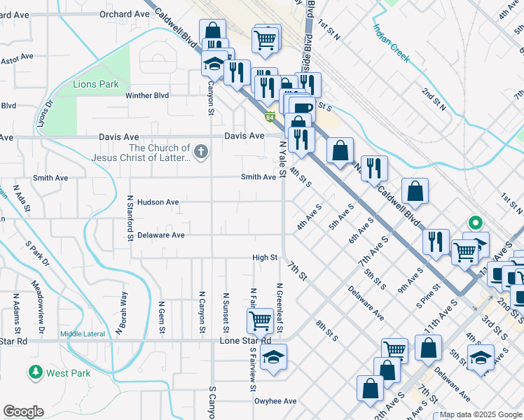 map of restaurants, bars, coffee shops, grocery stores, and more near 122 Hudson Avenue in Nampa