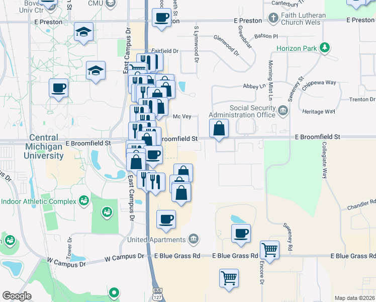 map of restaurants, bars, coffee shops, grocery stores, and more near 2001 Elva Street in Mount Pleasant