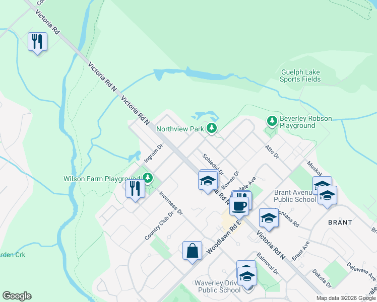 map of restaurants, bars, coffee shops, grocery stores, and more near 130 Simmonds Drive in Guelph