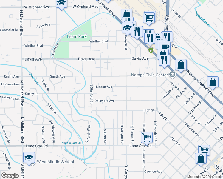 map of restaurants, bars, coffee shops, grocery stores, and more near 225 Hudson Avenue in Nampa