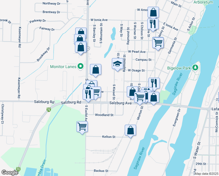map of restaurants, bars, coffee shops, grocery stores, and more near 1700 South Alp Street in Bay City