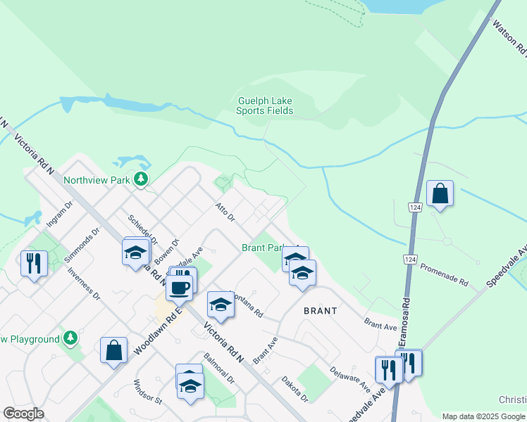 map of restaurants, bars, coffee shops, grocery stores, and more near 15 Carere Crescent in Guelph