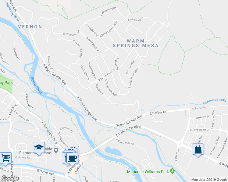map of restaurants, bars, coffee shops, grocery stores, and more near 2282 South Ridgeview Way in Boise