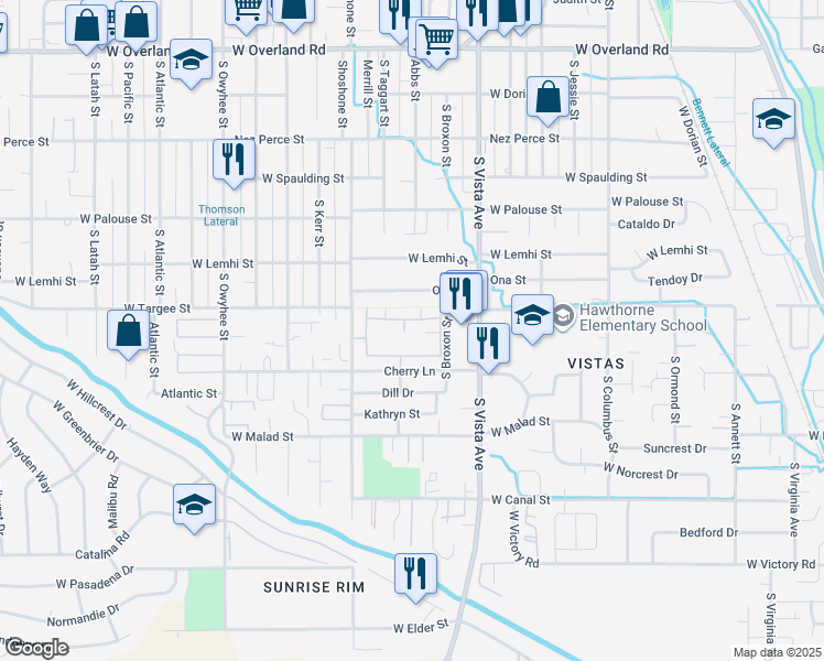 map of restaurants, bars, coffee shops, grocery stores, and more near 2889 Ona Street in Boise