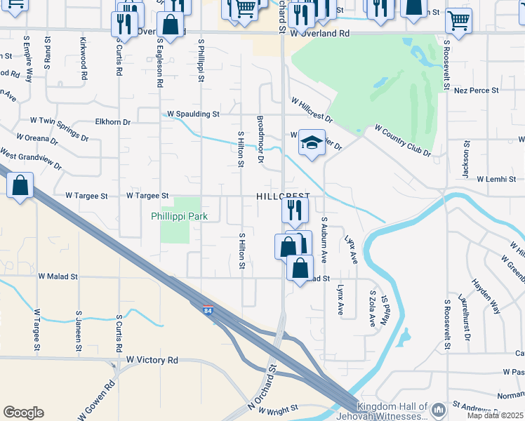 map of restaurants, bars, coffee shops, grocery stores, and more near 2225 South Challenger Lane in Boise