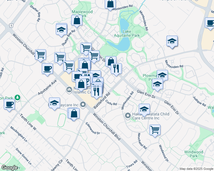 map of restaurants, bars, coffee shops, grocery stores, and more near 27 Meadowvale Town Centre Circle in Mississauga
