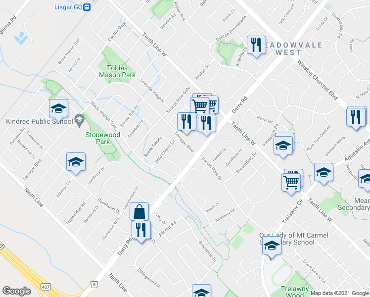 map of restaurants, bars, coffee shops, grocery stores, and more near Triumph Lane in Mississauga
