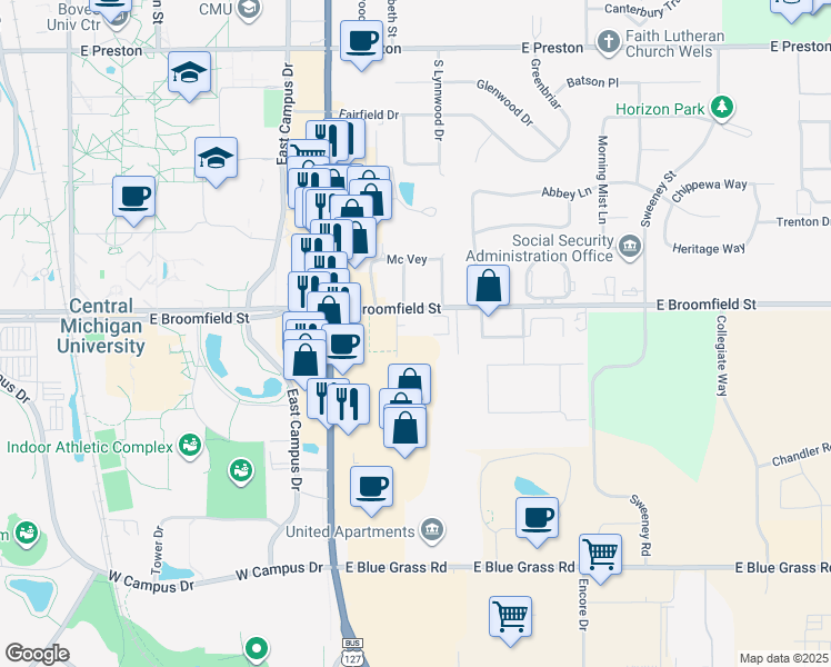 map of restaurants, bars, coffee shops, grocery stores, and more near 1040 East Broomfield Street in Mount Pleasant